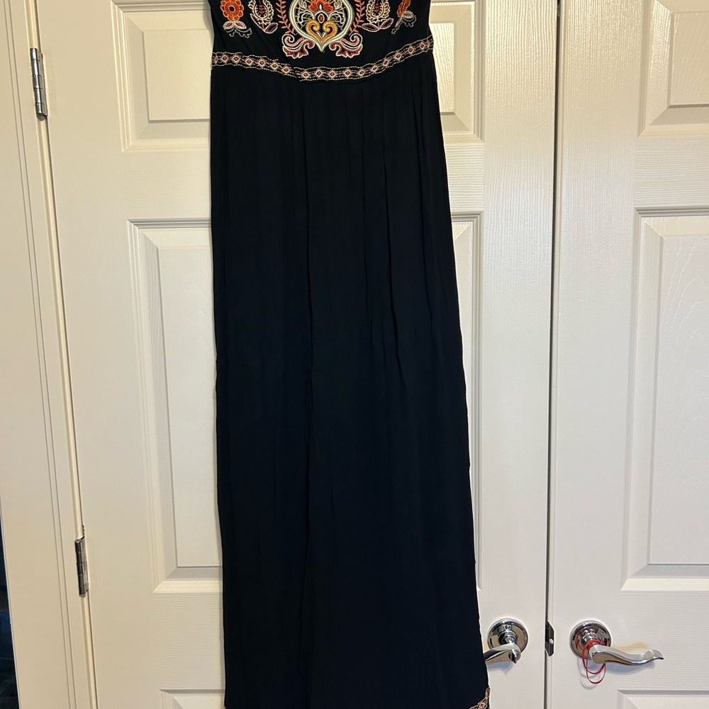 Xhilaration Black Strapless Boho Maxi Dress with Floral Embroidery